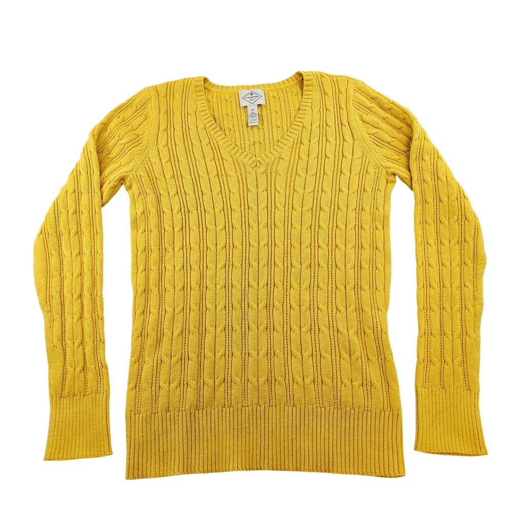 St. John's Bay Cable Knit Sweater Womens Medium Yellow Cotton Long Sleeve V-Neck